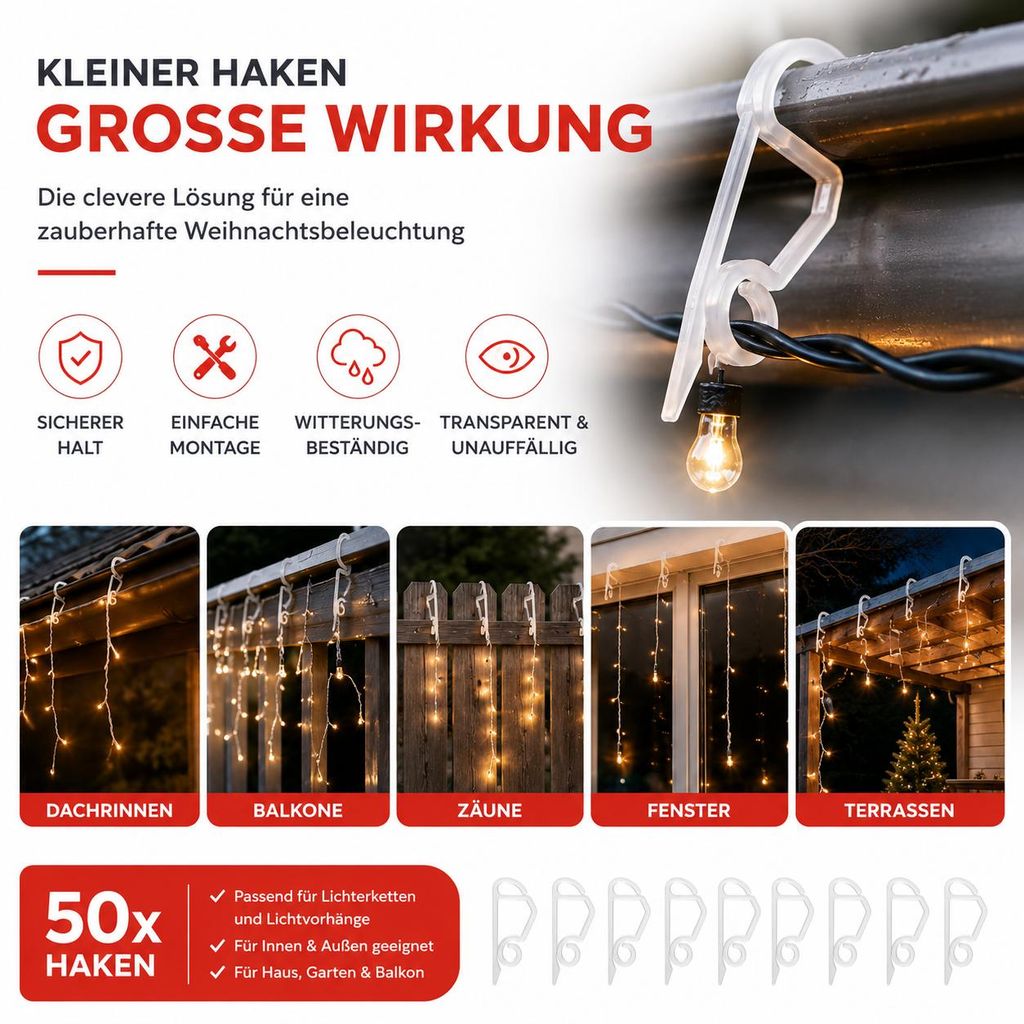 50x Haken Lichterketten Halterung & Lichtvorhang Clips &