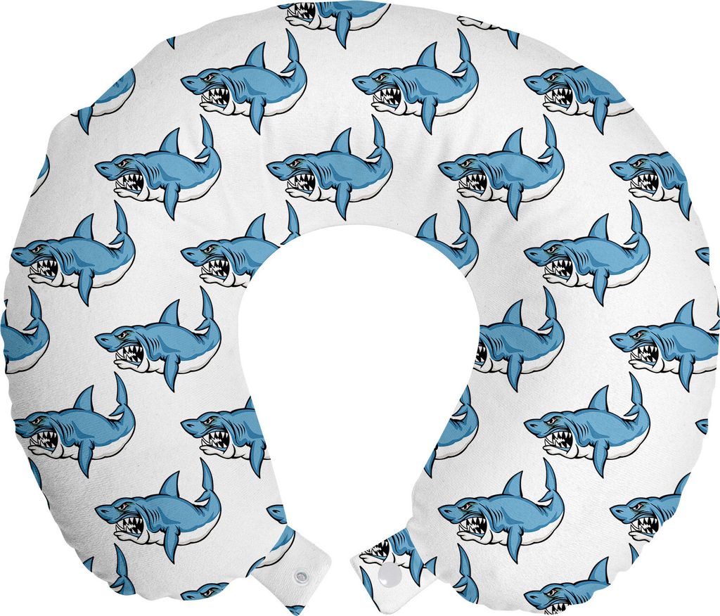 ABAKUHAUS Meerestiere Reisekissen Nackenkissen, Sea Fierce Wilde Shark, Schaumstoff Reiseartikel für Flugzeug und Auto, 30x30 cm, Blau Weiss