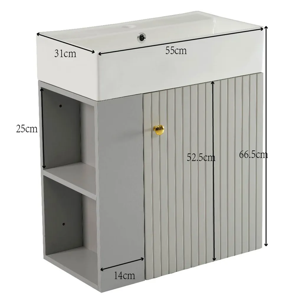 Vasque en céramique sur meuble gris 55 cm avec compartiments ouverts