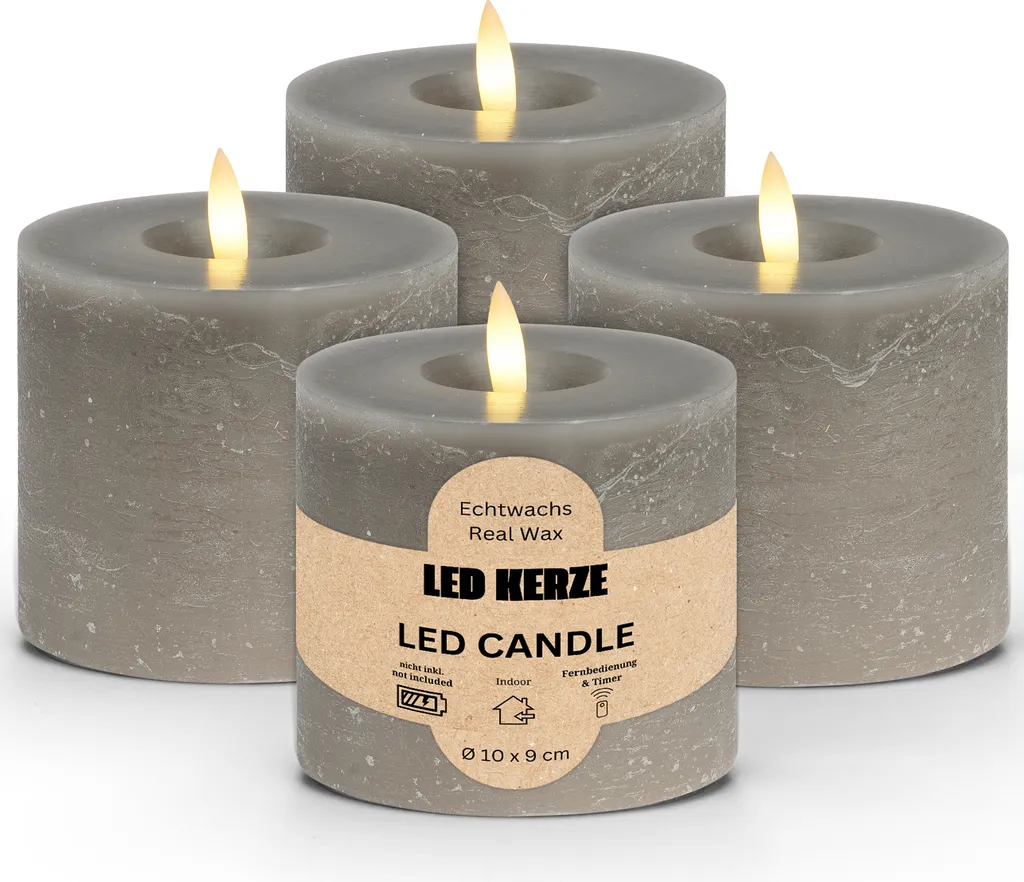 Bougies LED en cire avec flamme mobile vacillante taupe, lot de 4