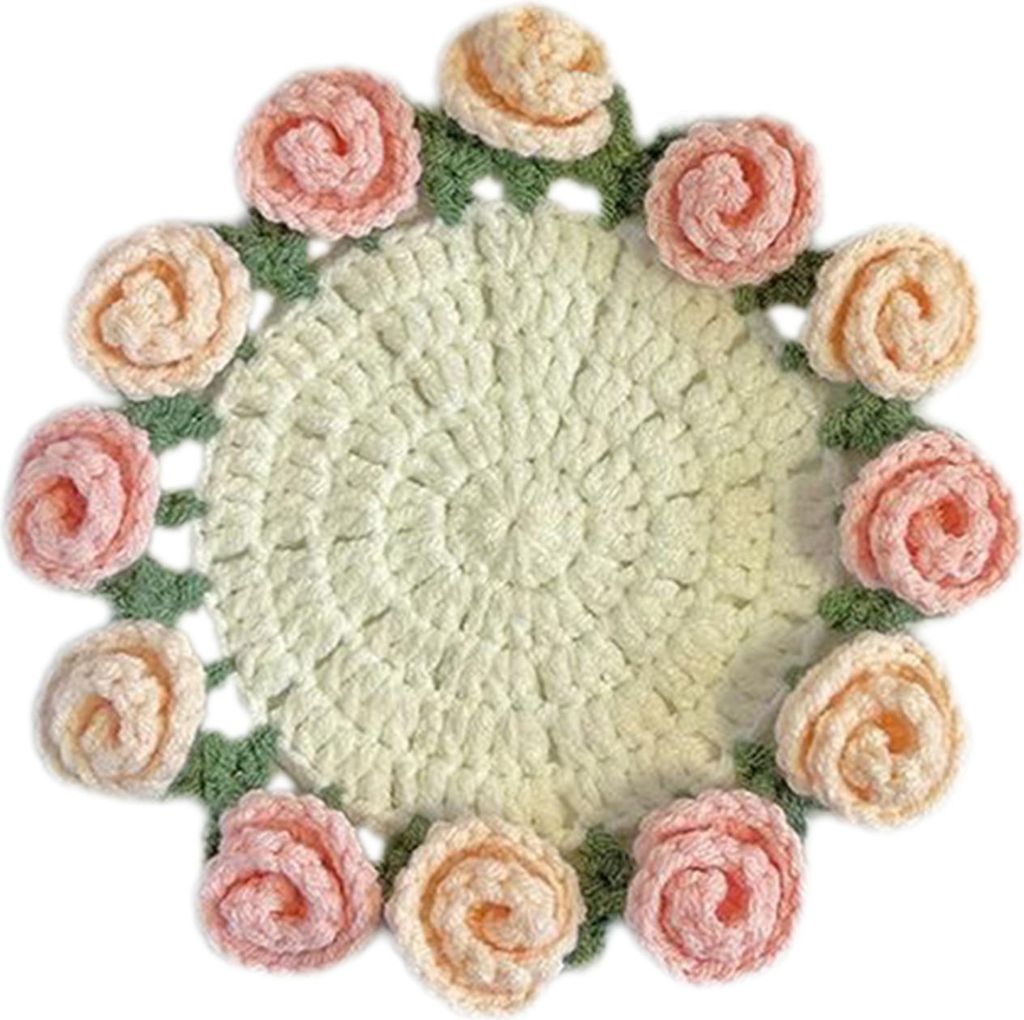 Handgemachte Gehäkelte Blumenuntersetzer, Vintage Rosenblumenstrauß, Untersetzer, einzigartiges Couchtisch-Dekor-Zubehör