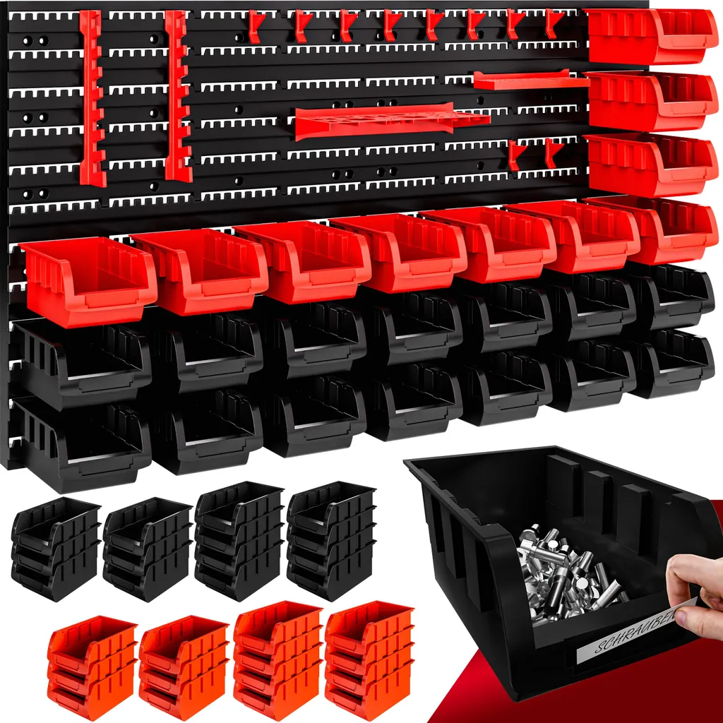 Système de Rangement Mural Porte-outils avec 30 Bacs Empilables Rouges