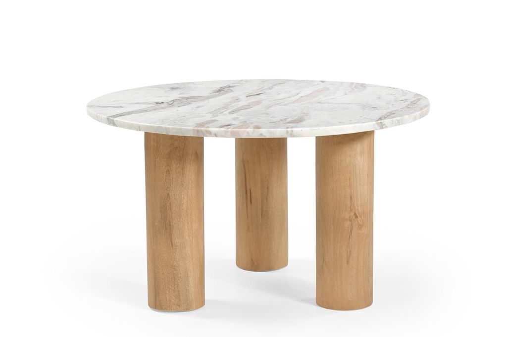 Marmoholz Noto Couchtisch rund Ø70 cm x H40 cm – grauer Marmortisch mit heller Massivholzbasis, handgefertigter Designer-Beistelltisch im Japand...