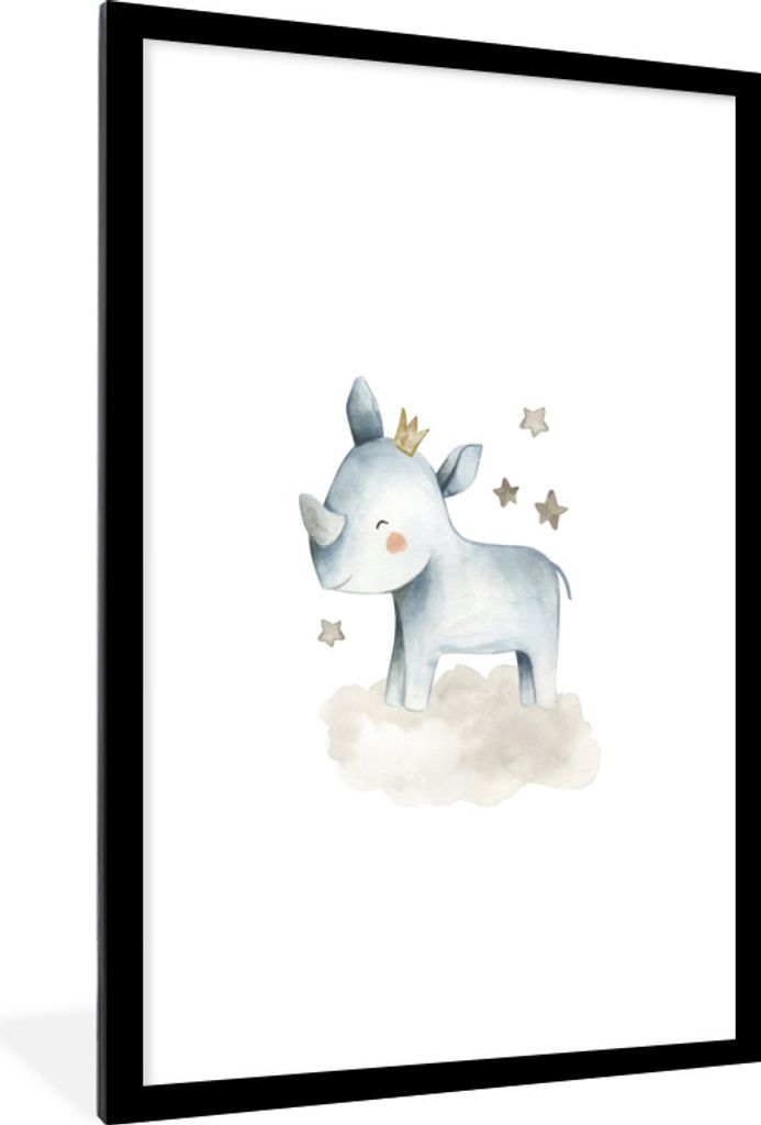 MuchoWow Gerahmtes Poster Rhinozeros - Kinder - Tiere 60x90 cm - Poster mit Schwarzem Bilderrahmen Wandposter Rahmen Foto Bilder - Dekoration - W...
