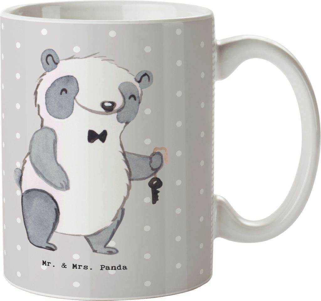 Mr. & Mrs. Panda Becher Vermieter Herz - Grau Pastell - Geschenk, Kaffeepott, Kaffeetasse, Kaffeebecher, Tasse, Keramiktasse
