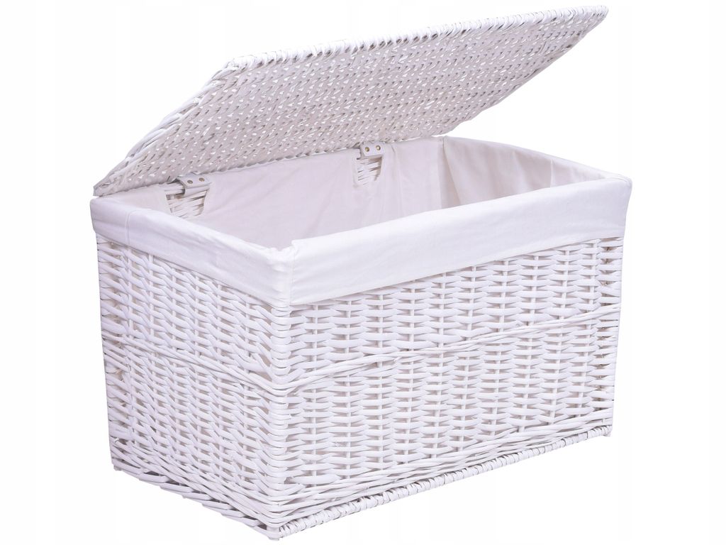 A white wicker storage chest with an open lid, shown against a white background.
