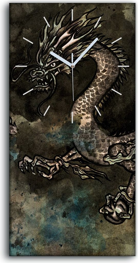 Küchenuhr Bürouhr Leinwand Uhr 30x60 Malerei Asiatische Fantasie Monster Drachen - weiße Hände