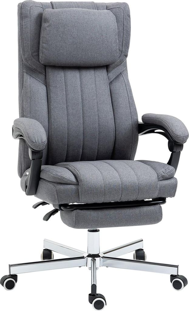 Bürostuhl mit 5 Massagemodi, Ergonomischer Schreibtischstuhl mit Liegefunktion, Höhenverstellbar, Fußstütze, Leinenoptik, Grau