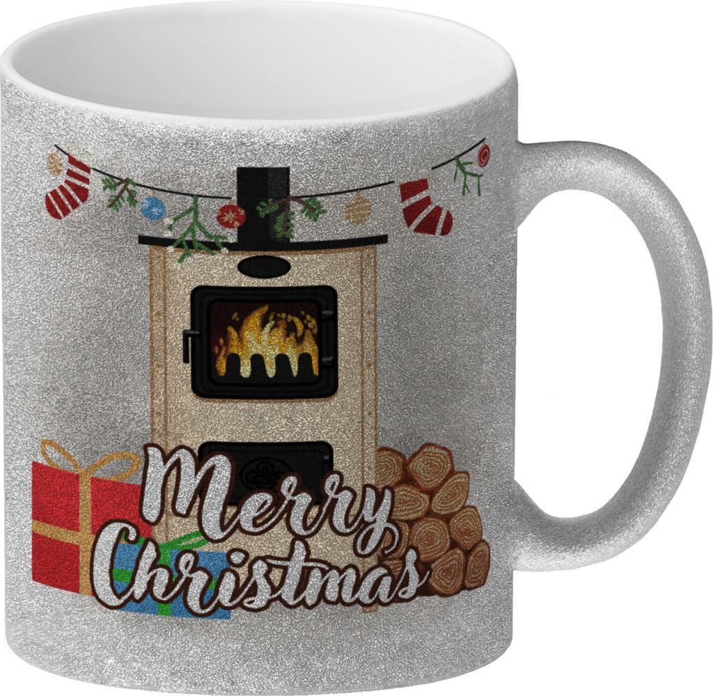 Merry Christmas Holzofen Glitzer-Kaffeebecher für Weihnachten