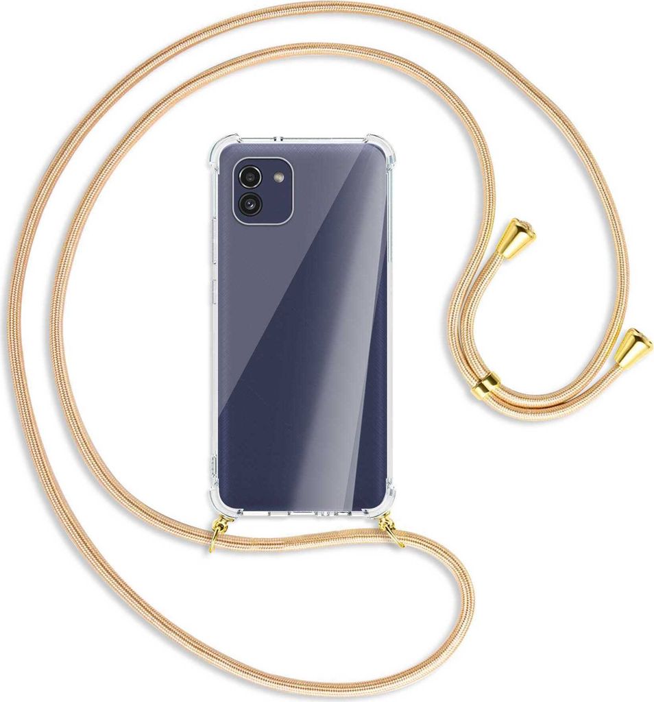Handykette Backcover-Schutzhülle mit Band (Metall goldfarben) für Samsung Galaxy A03 4G - Goldkordel