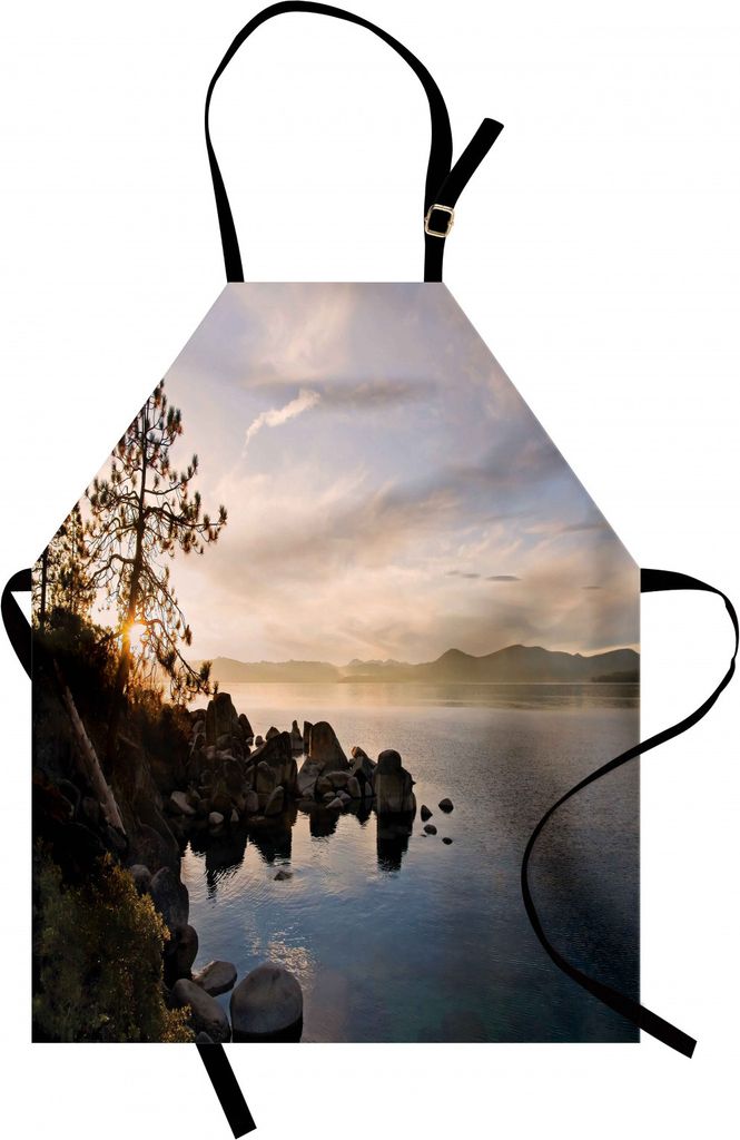 ABAKUHAUS See Kochschürze, Lake Tahoe bei Sonnenuntergang mit klarem Himmel und Single Pine Tree Rest ruhigen Wochenend-Foto, Farbfest Höhenverst...
