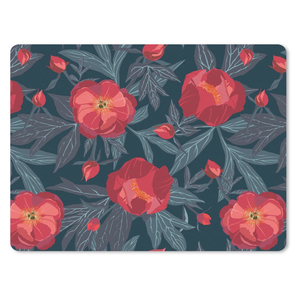 MuchoWow Mauspad Mousepad Blumen - Rot - Blätter - Muster 23x19 cm - Mousepads - Maus Mat - Pad - Mausunterlage - Schreibtischunterlage - Mauspad