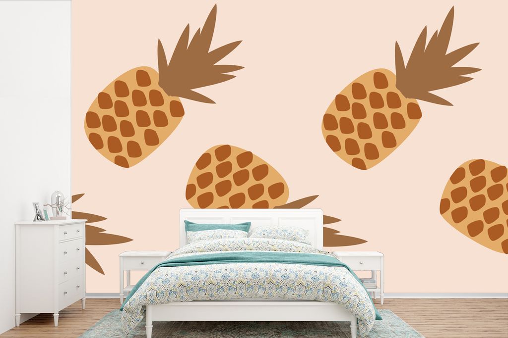 MuchoWow Fototapete für Wohnzimmer oder Schlafzimmer Wandtapete Vinyl Motivtapete Sommer - Ananas - Pastell - 525x350 cm - Das Hintergrundbild