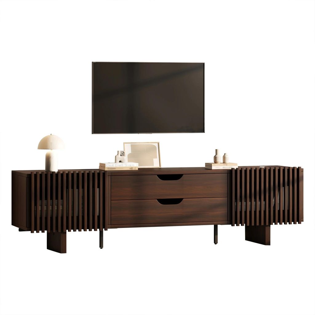 TV-Lowboard - TV-Schrank - 180×40×45 cm - 2 Schubladen & Türen - Für Fernseher bis 190 cm - Holzrahmen - Braun