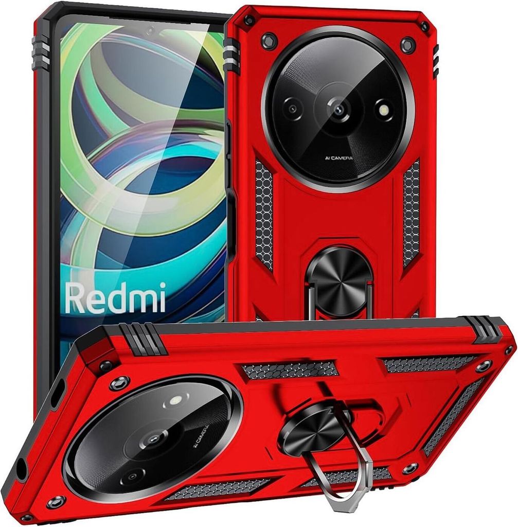 Conie Outdoor Schutzhülle für Xiaomi Redmi A3 Tasche Silikon Hard Case Cover Hülle mit Halter Ständer in Rot