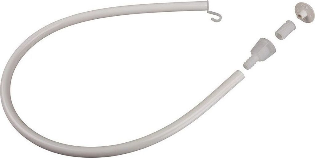 A white plastic drain hose with connectors, laid out on a white background.