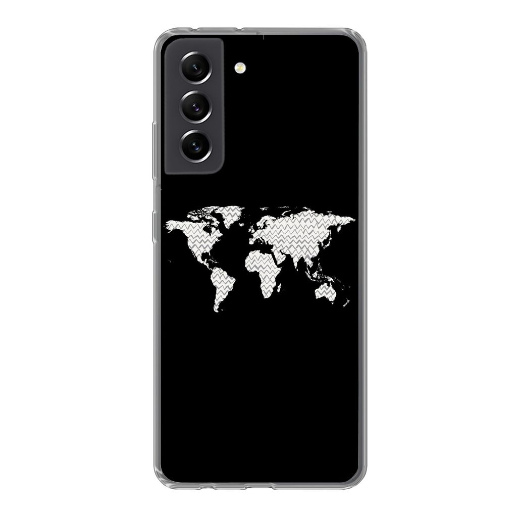 MuchoWow Handyhülle Schutzhülle Hülle für Samsung Galaxy S21 FE Weltkarte - Muster - Schwarz Silikon Softcase Handy Hülle - Mobiltelefonhülle