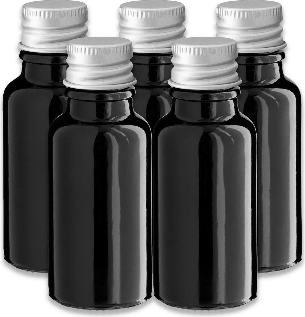 5x Glasflasche schwarz 20 ml mit silbernem Aluminium Schraubverschluss