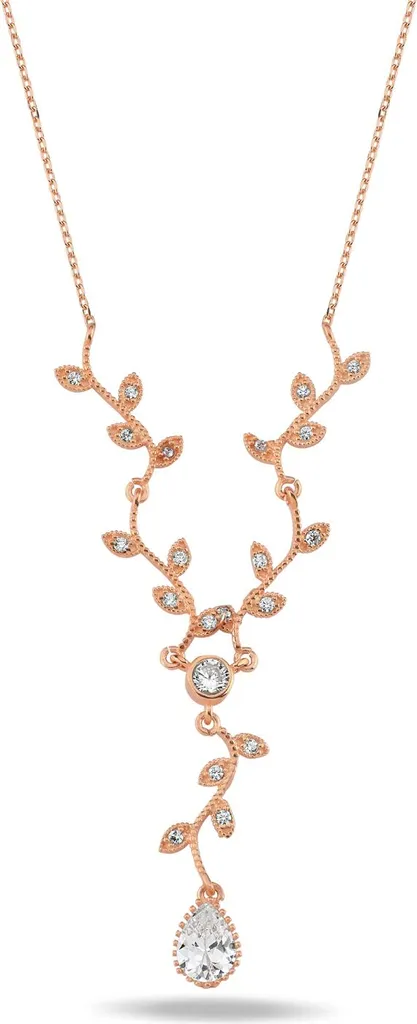 Pendentif Goutte Zirconium et Vrilles sur Chaîne Argent 925 Plaqué Rose