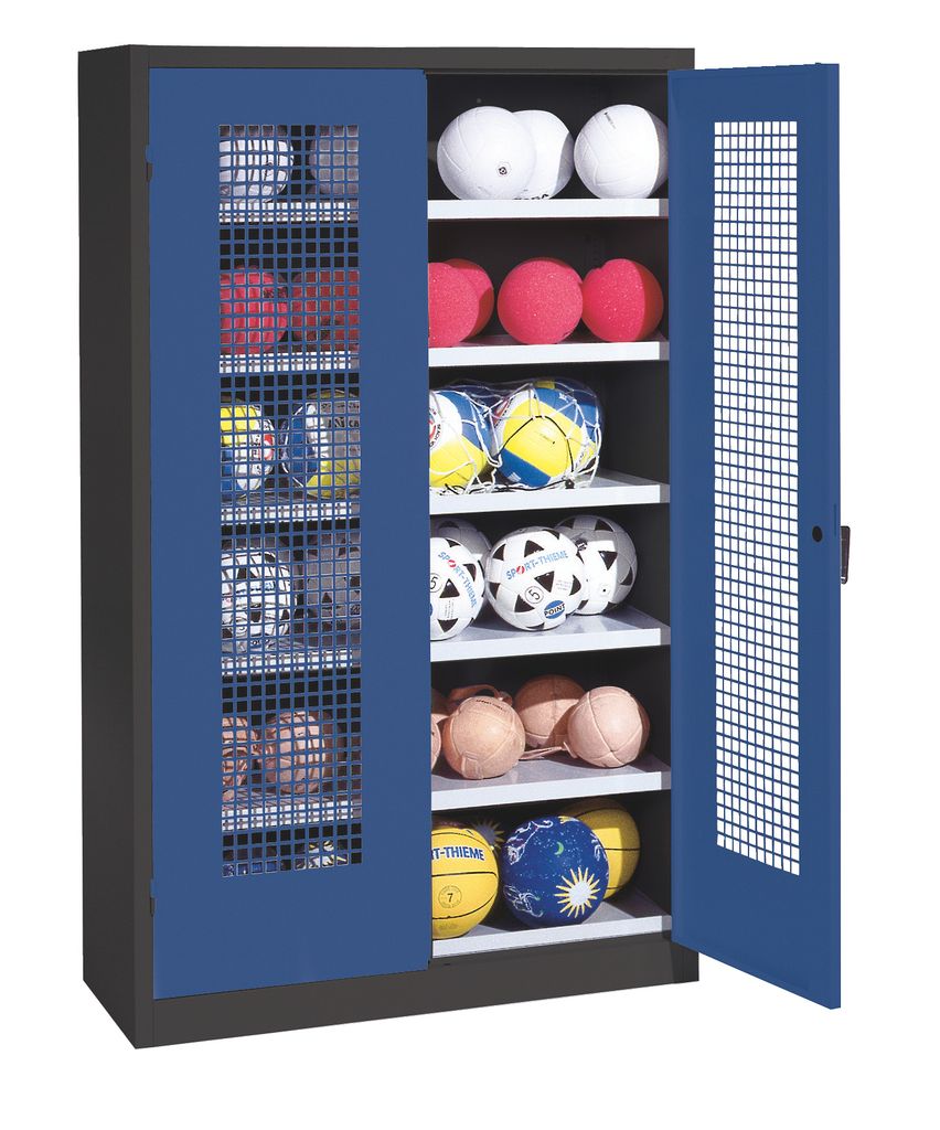 C+P Ballschrank mit Lochblech-Flügeltüren (Typ 3), HxBxT 195x120x50 cm, Enzianblau (RAL 5010), Ergo-Lock Muldengriff, Anthrazit (RAL 7021), Einze...