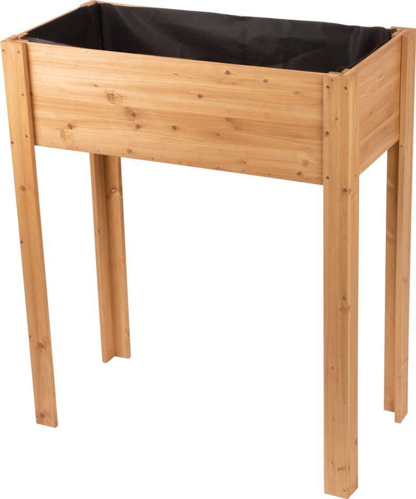 A wooden raised garden bed with a black liner, shown against a white background.
