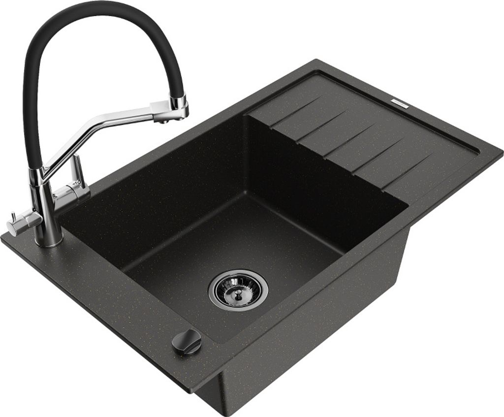 Mexen Elias 1 Becken-Granitspüle mit Abtropffläche und Mischbatterie Duo, Schwarz/Gold metallisch - 6511-75-671701-07-B
