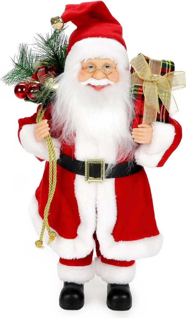 Großer dekorativer Weihnachtsmann im Retro-Look mit runder Brille, in rotem Kostüm mit weißem Plüschbesatz, mit Geschenkesack mit Päckchen plu...