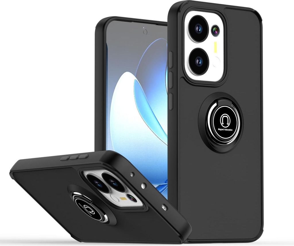 Hülle für Oppo Reno13 F 4G/5G Matte Transluzent TPU Stoßfest Schutzhülle mit Ring Halter Ständer Schwarz