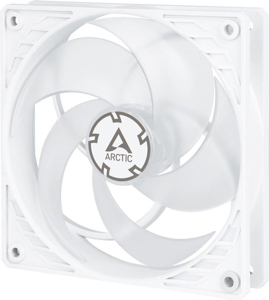 A white computer fan with transparent blades is shown against a white background.