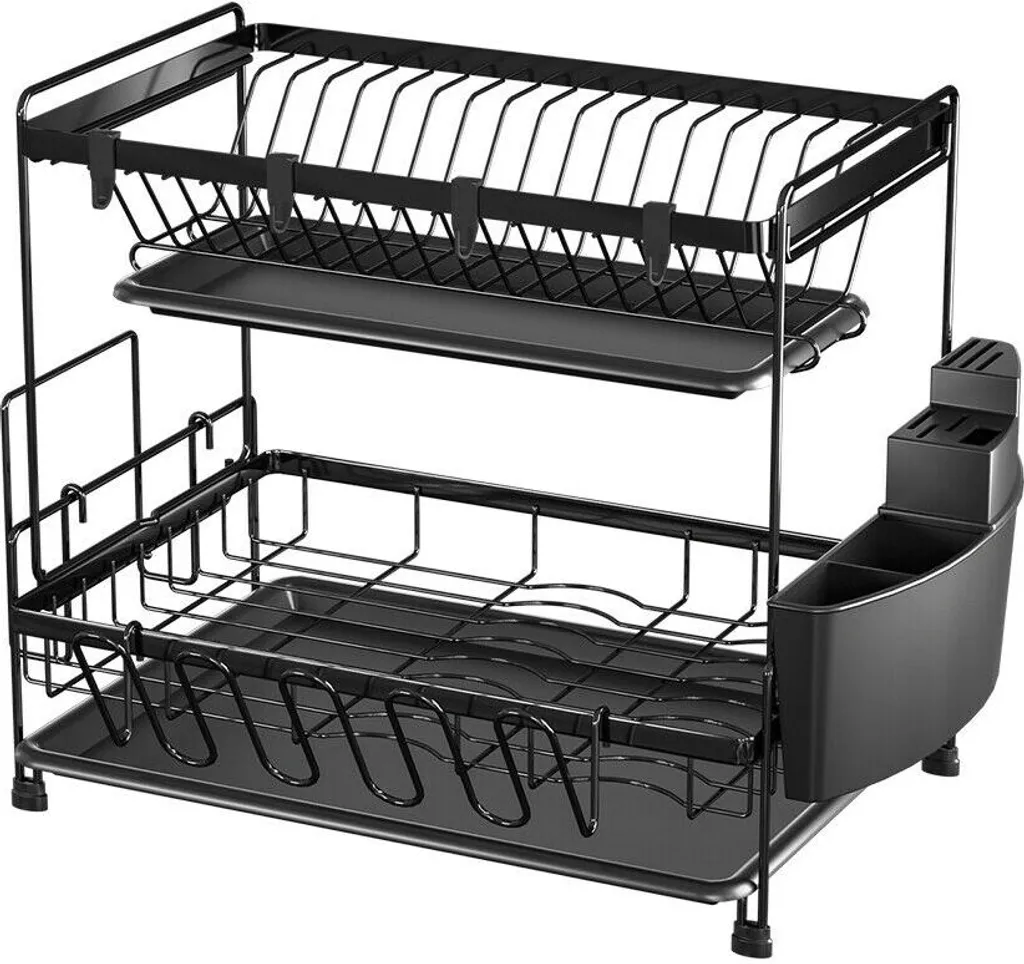 Égouttoir à vaisselle 2 niveaux noir en acier inoxydable pour cuisine