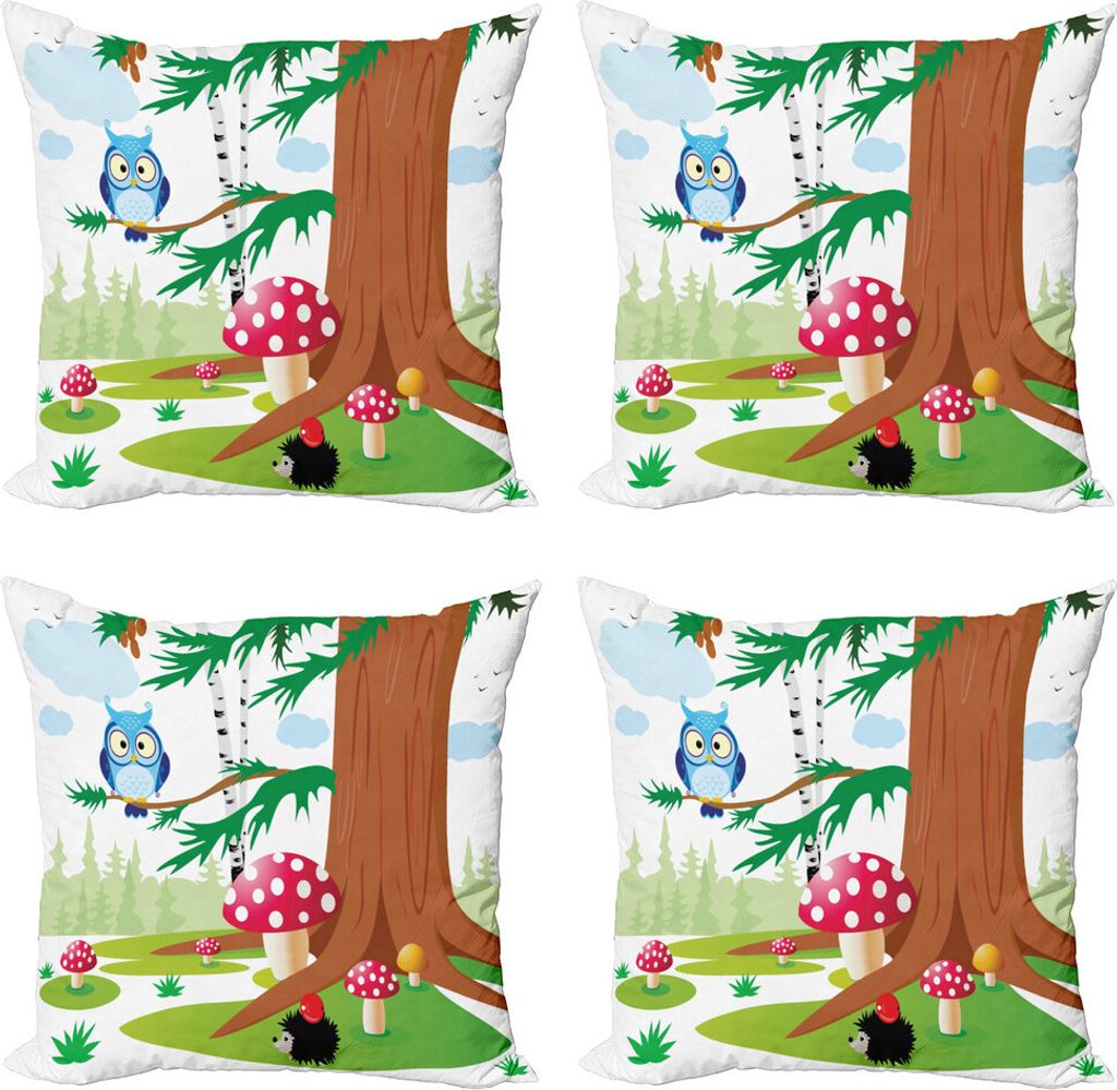 ABAKUHAUS Igel Kissenbezug Set (4 Stück), Amanit Muscaria Forrest, Moderner Doppelseitiger Digitaldruck, 50 cm x 50 cm, Mehrfarbig