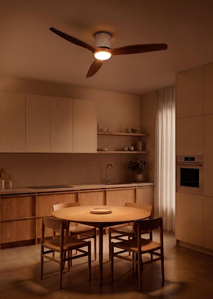 WIND CALM CUSTOM RATTAN - Deckenventilator 40W leise Ø132 cm mit LED-Licht in Körper und Lampe