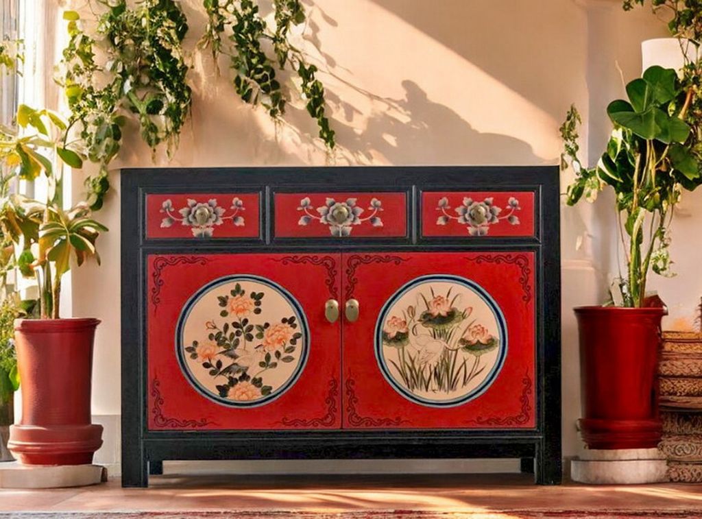 OPIUM OUTLET Kommode Sideboard Schrank orientalisch chinesisch asiatisch Möbel Schränkchen Anrichte rot-schwarz Vintage Shabby Chic Stil antiker ...