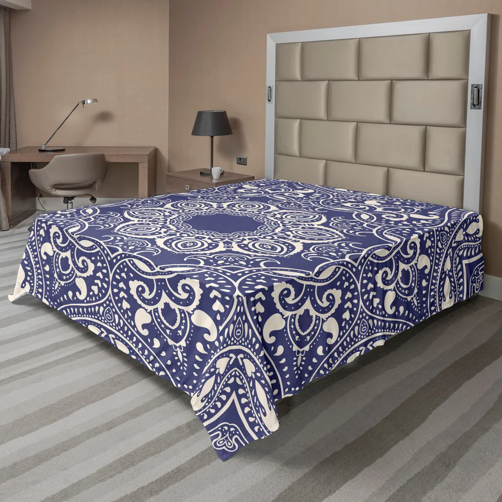 Drap de lit doux et confortable motif culturel oriental bleu et crème 1pc