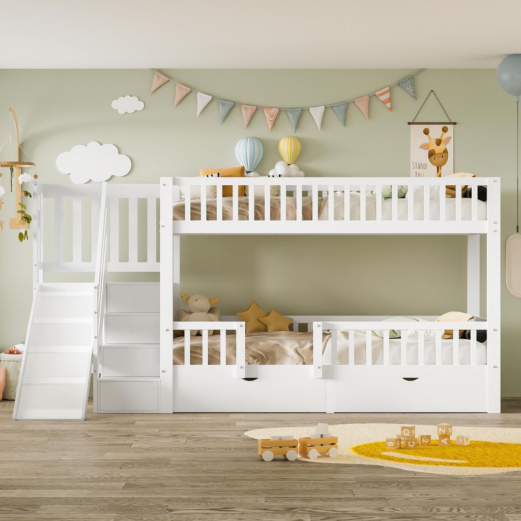 Flieks Etagenbett 90x200cm mit Rutsche, Kinderbett mit Rausfallschutz und Lattenrost, Hochbett mit Treppe für 2 Kinder, Einzelbett Stockbett, Weiß