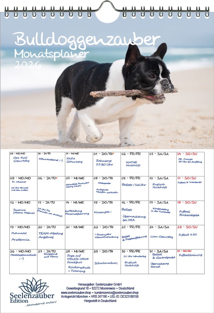Bulldoggenzauber Planer DIN A4 Kalender für 2026 Bulldoggen Hunde und Welpen - Seelenzauber