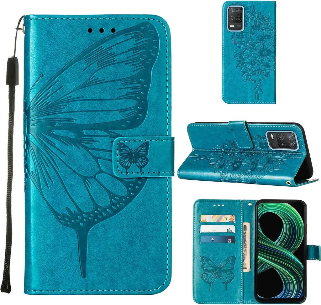 Custodia Elegante Realme 8 5G Farfalla Blu in Pelle con Stand