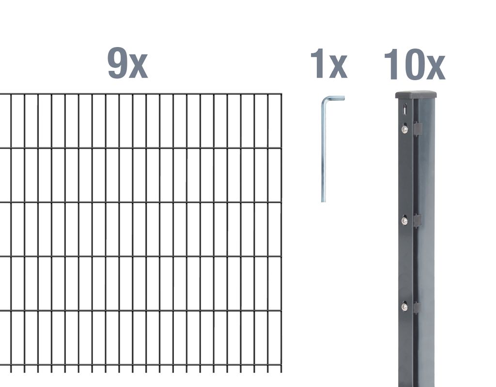 Alberts Doppelstabmattenzaun 6-5-6, Matten 2,50 m, Höhe 1,23 m, Länge 22,5 m, anthrazit, Zaun als Komplettset, Pfosten mit Klemmlasche 60x40 mm