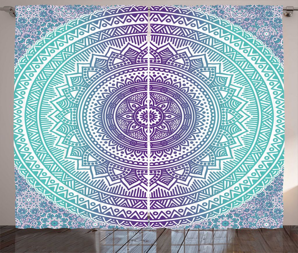 ABAKUHAUS Blau und Lila Rustikaler Gardine, Hippie-Mandala, Schlafzimmer Kräuselband Vorhang mit Schlaufen und Haken, 280 x 245 cm, Lila
