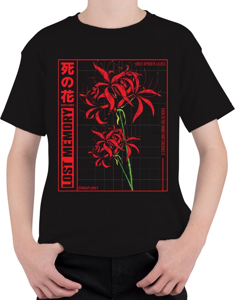 Rote Spinnenlilie LOST MEMORY japanische Blume Anime Otaku Ästhetik Uni Kinder T-Shirt, Schwarz, 128
