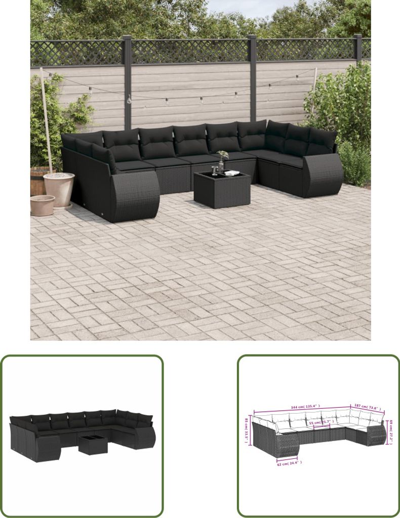 The Living Store 11-tlg. Garten-Sofagarnitur mit Kissen Schwarz Poly Rattan