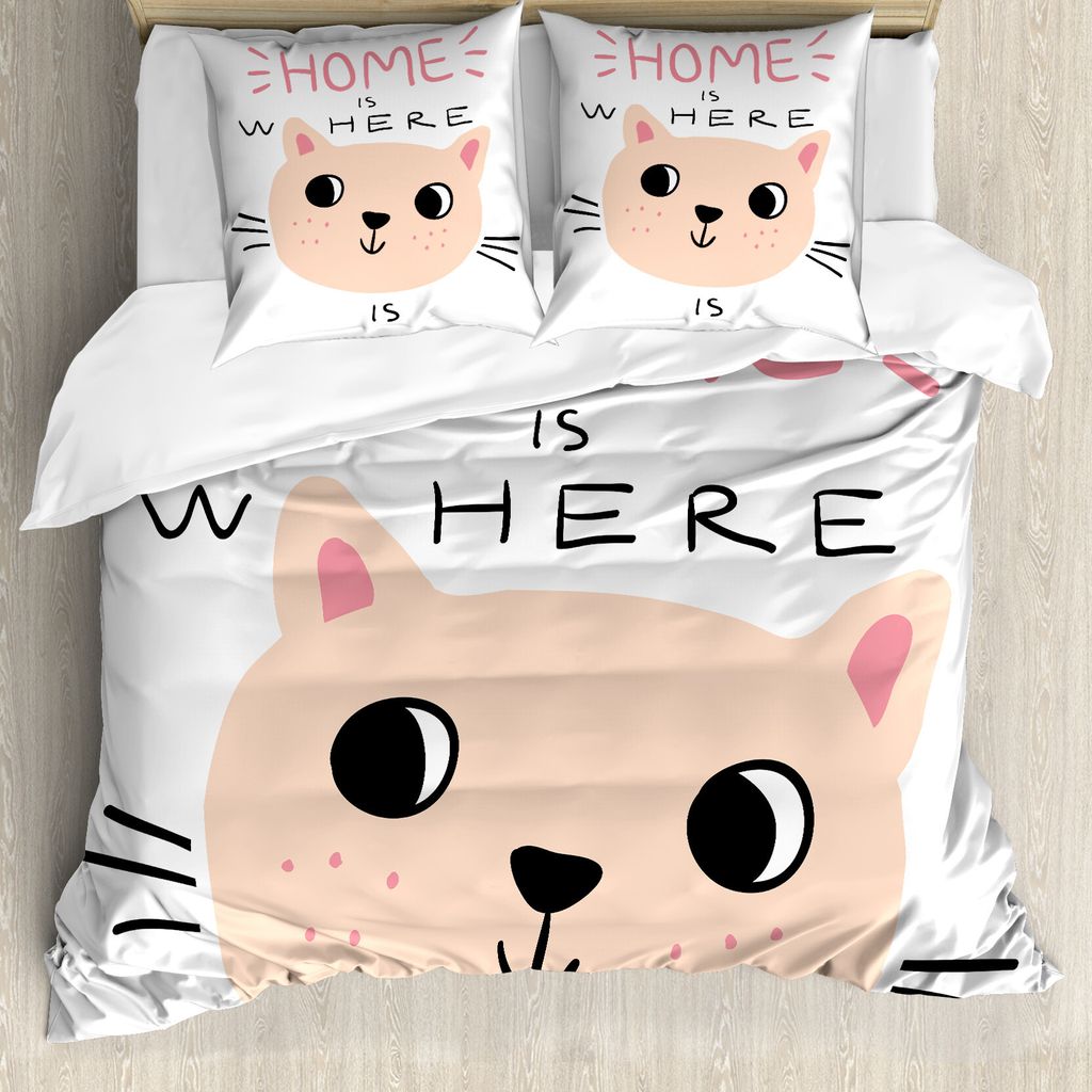 ABAKUHAUS Katze Bettbezug Set für Einzelbetten, Zuhause ist, wo Kitten ist, Milbensicher Allergiker geeignet mit Kissenbezug, 155 cm x 220 cm - 80...