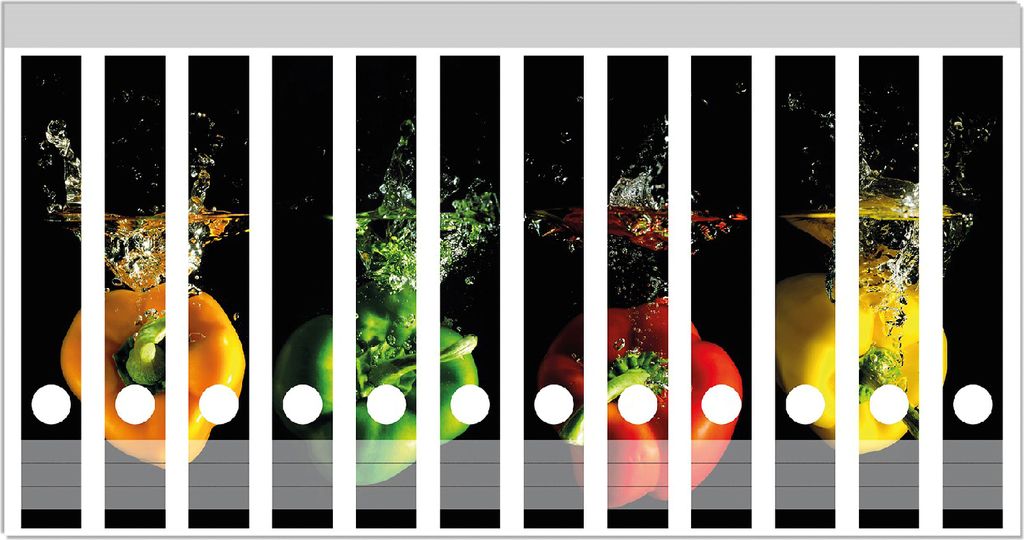 Wallario Ordnerrücken Sticker, selbstklebend für schmale Ordner, 12 Stück, Motiv Bunte Küche Paprika in rot gelb orange und grün im Wasser