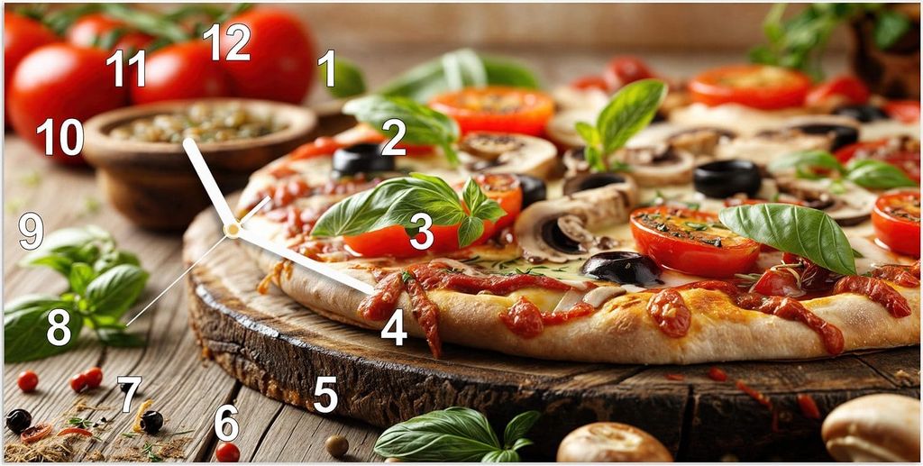 Wanduhr aus Glas mit Motiv Pizza im Holzofen- 60 x 30 cm - inkl. Aufhängesystem