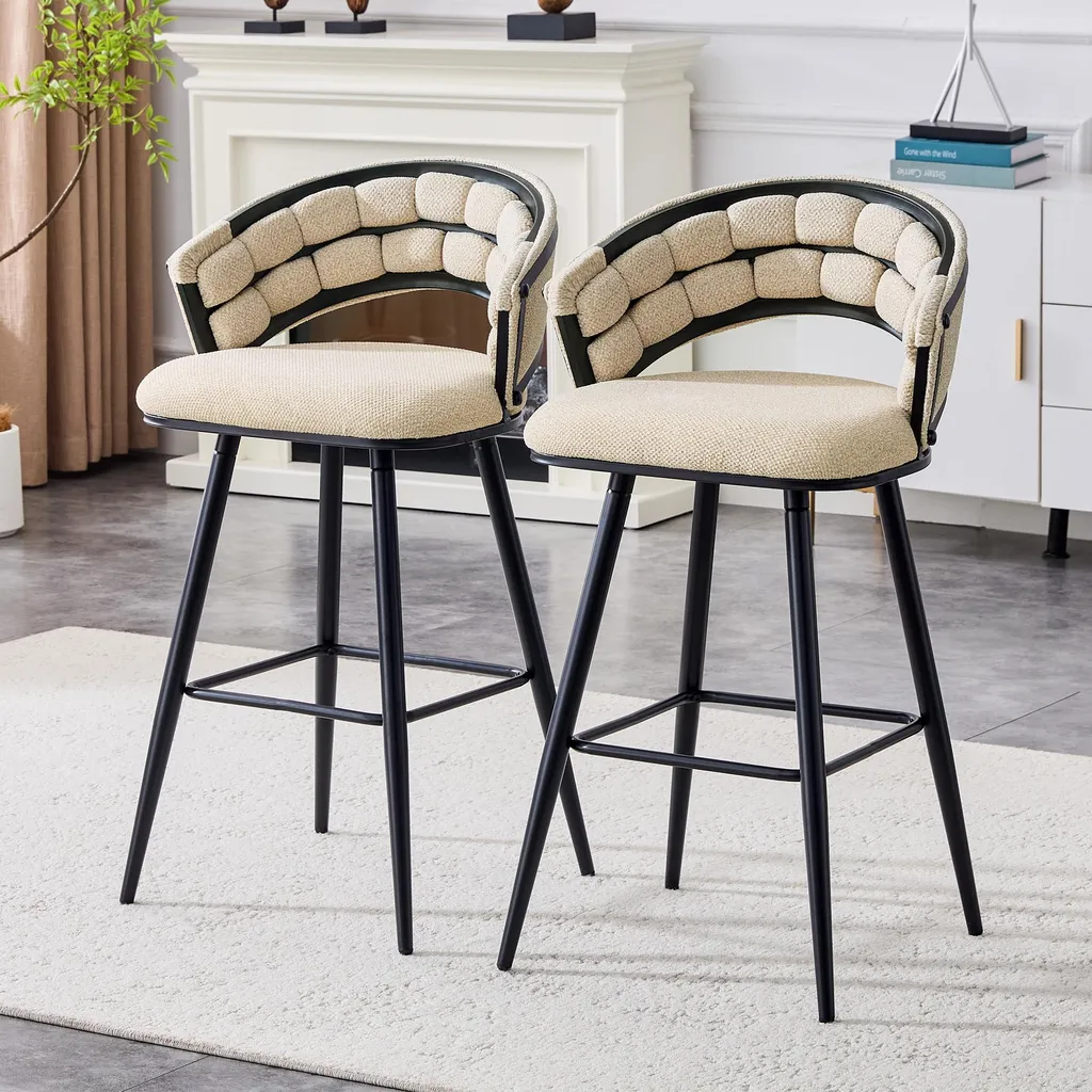 Tabourets de bar design en velours beige avec pieds en fer noir H65
