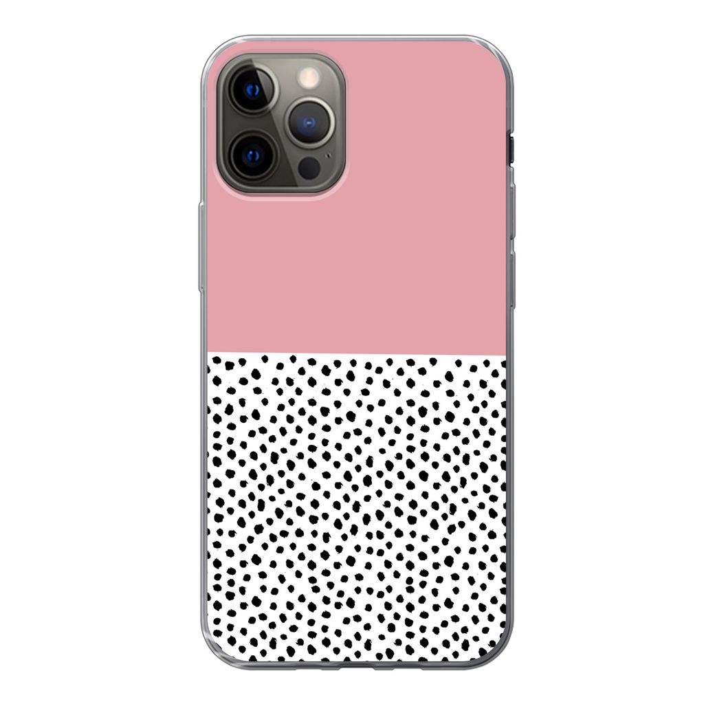MuchoWow Handyhülle Schutzhülle Hülle für iPhone 12 Pro Polka dots - Schwarz - Rosa Silikon Softcase Handy Hülle - Abdeckung