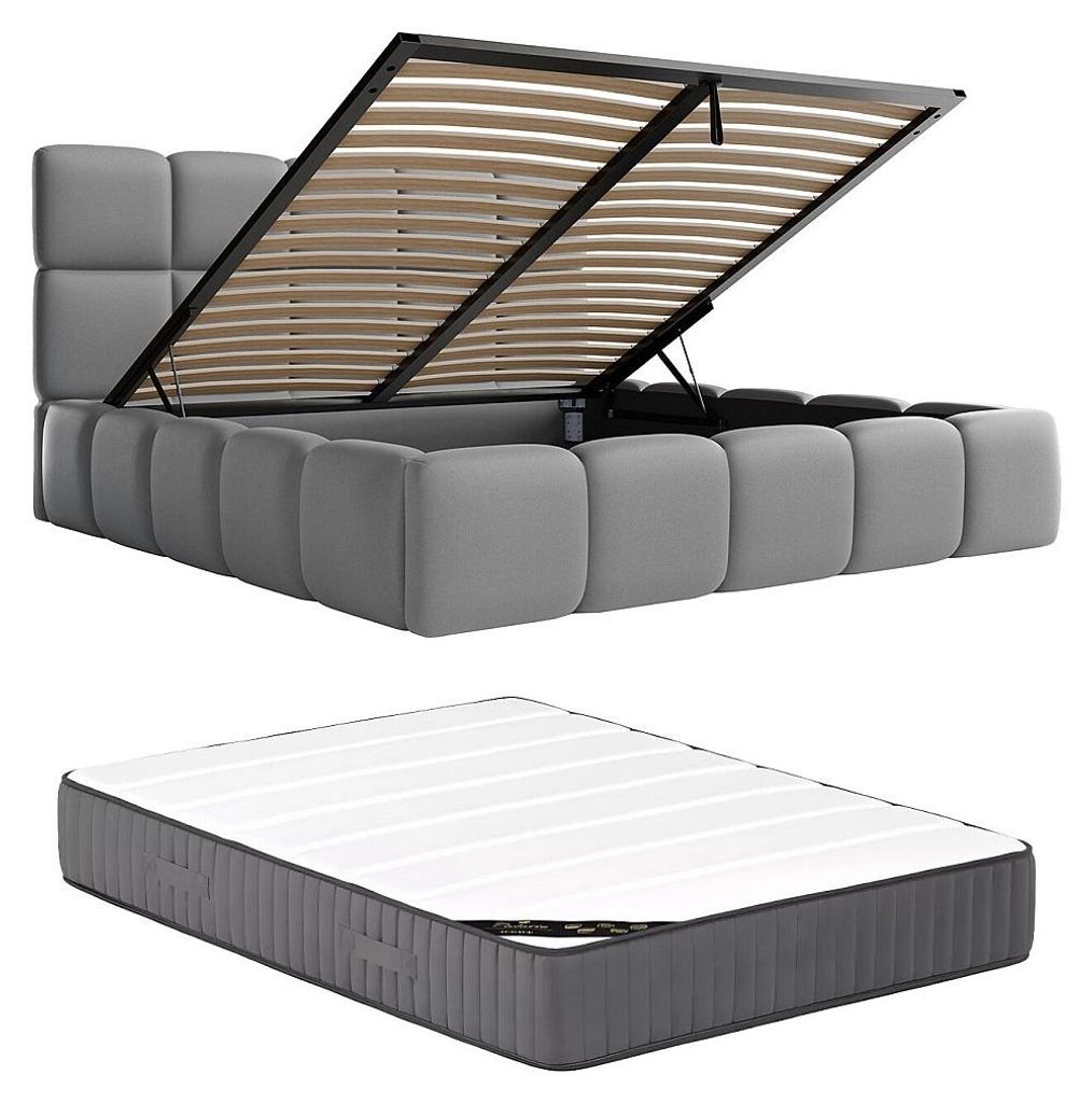 Bett mit Box 140 x 190 cm - Lederstrukturstoff - Grau + Matratze - DAMADO Pascal Morabito