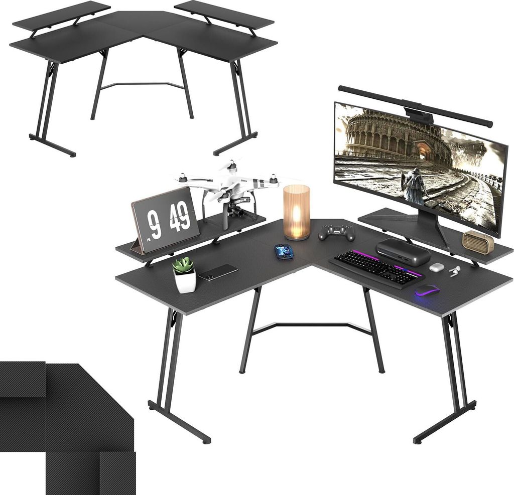 TWOLIIN Gaming Schreibtisch 120 x 120cm L-f?rmiger Gaming Tisch mit Monitorst?nder, Kohlefaseroberfl?che Ergonomischer Gro? Computertisch Eckschrei...