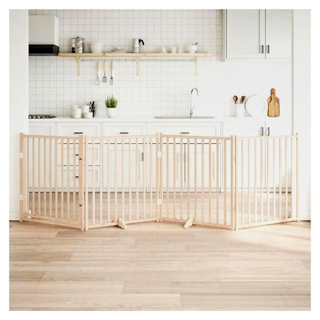 Faltbares Hundegitter mit Tür, 4 Paneele, 320 cm, aus massivem Tannenholz, modulares Haustiertor für Zimmerdurchgänge und Korridore für kleine ...