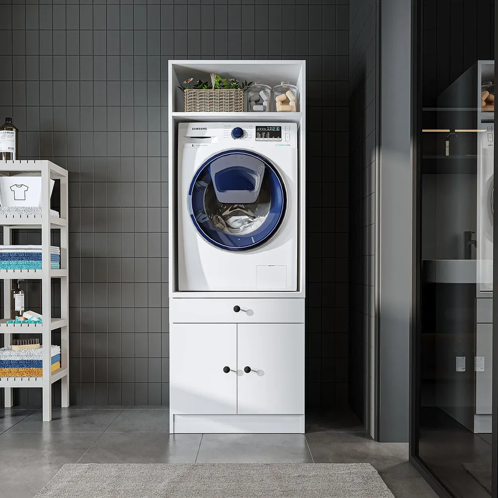 Armoire Machine à Laver Roomart avec Tablette Coulissante - Blanc et Chêne